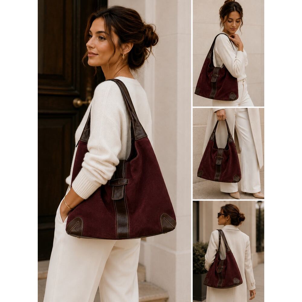 Levenger Burgundy Suede & Leather Oversized Hobo Tote Bag Boho Luxe